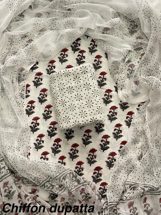 JAAL HAND BLOCK PRINT COTTON SUIT SET WITH CHIFFON DUPATTA(WACFCOTMU31)
