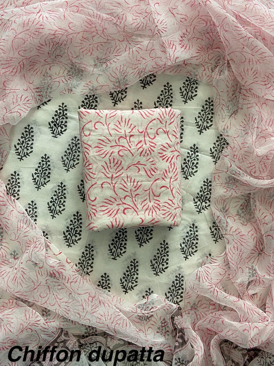 Hand Block Print Cotton Suit Set with Chiffon Dupatta(WACFCOTMU30)