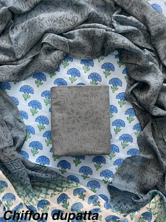 Exclusive Hand Block Print Cotton Suit Set with Chiffon Dupatta(WACFCOTMU29)