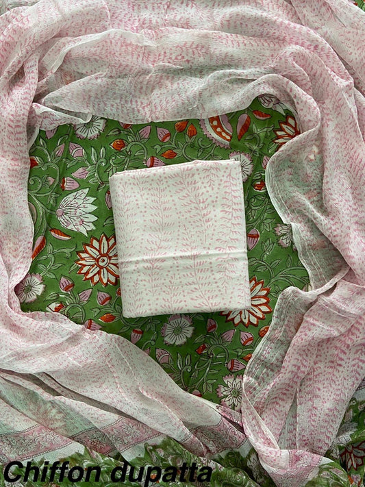 Exclusive Hand Block Print Cotton Suit Set with Chiffon Dupatta(WACFCOTMU28)