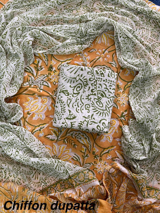 New Premium Hand Block Print Cotton Suit Set with Chiffon Dupatta(WACFCOTMU26)