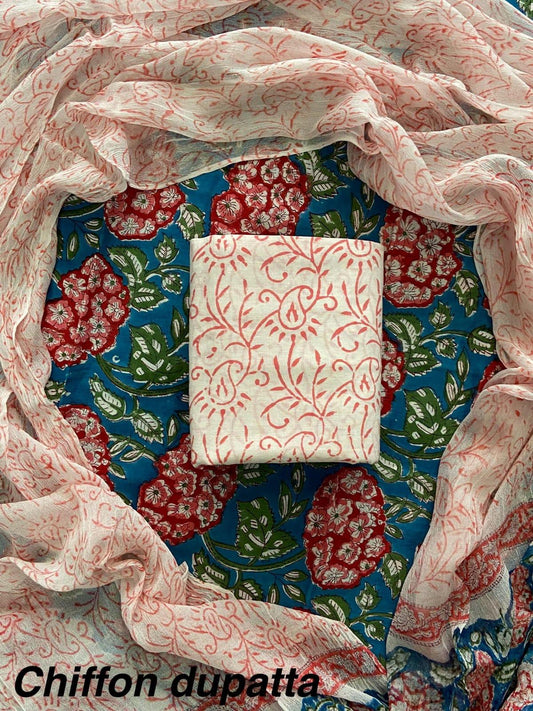 New Premium Hand Block Print Cotton Suit Set with Chiffon Dupatta(WACFCOTMU25)