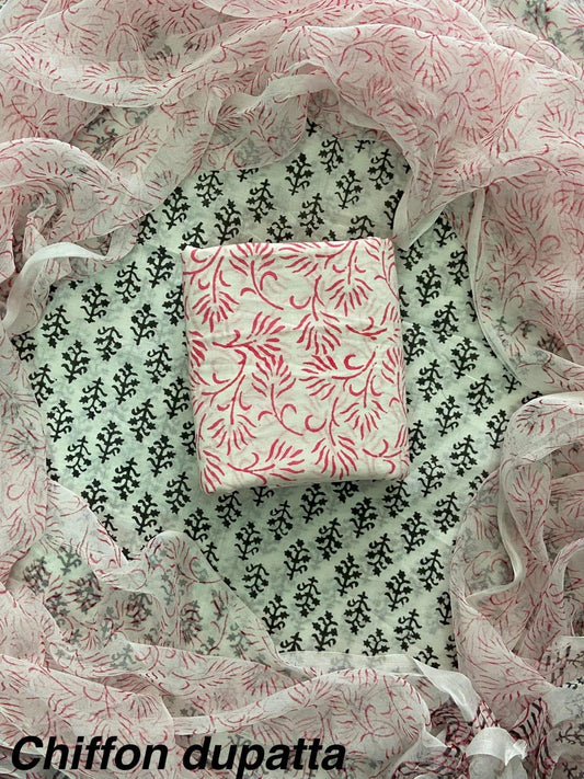 DESIGNER HAND BLOCK PRINT COTTON SUITSET WITH CHIFFON DUPATTA(WACFCOTMU24)