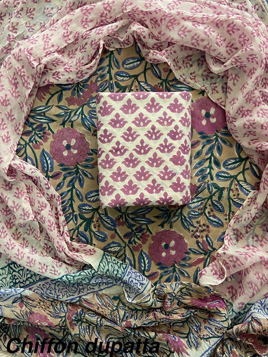 New Premium Hand Block Print Cotton Suit Set with Chiffon Dupatta(WACFCOTMU23)