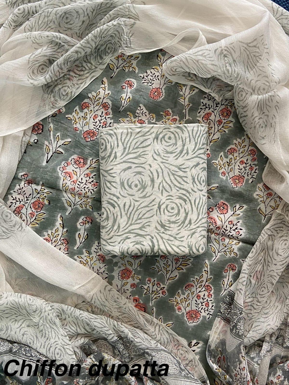New Premium Hand Block Print Cotton Suit Set with Chiffon Dupatta(WACFCOTMU22)