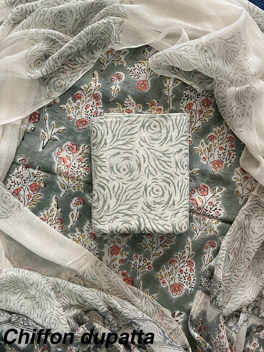 New Premium Hand Block Print Cotton Suit Set with Chiffon Dupatta(WACFCOTMU22)