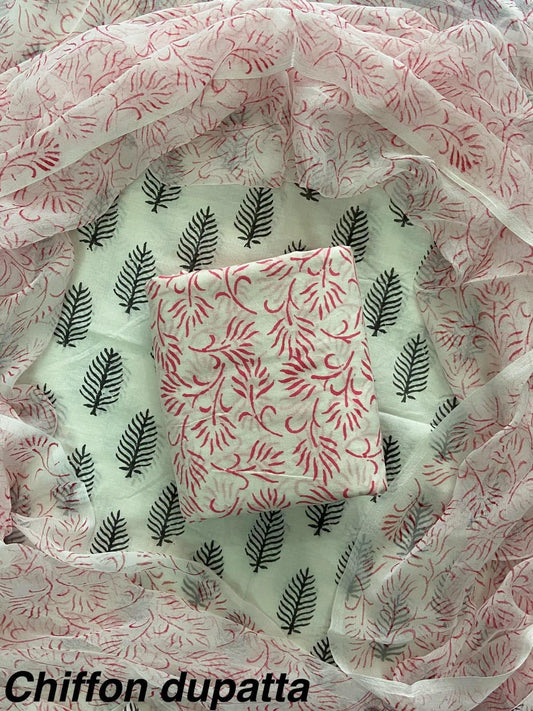 New Premium Hand Block Print Cotton Suit Set with Chiffon Dupatta(WACFCOTMU21)