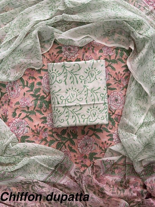 New Premium Hand Block Print Cotton Suit Set with Chiffon Dupatta(WACFCOTMU20)