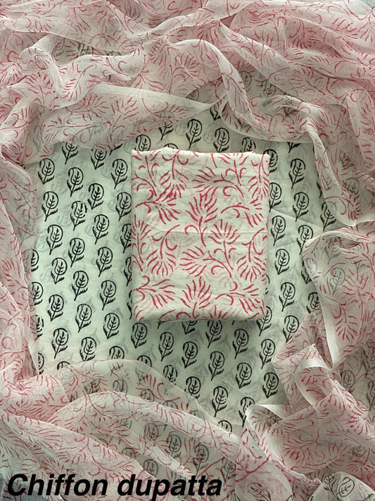 New Premium Hand Block Print Cotton Suit Set with Chiffon Dupatta(WACFCOTMU19)