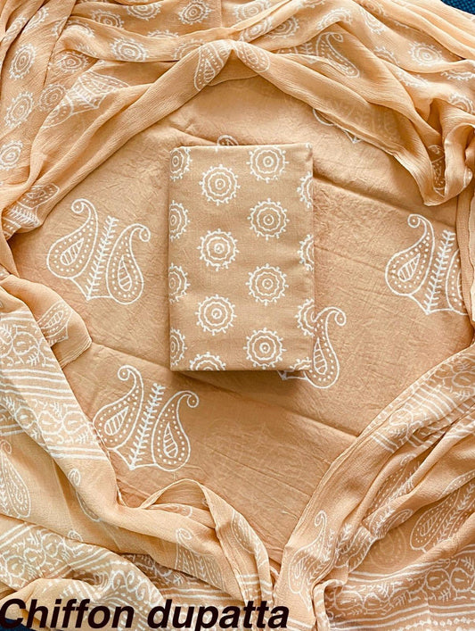 Premium Hand Block Print Cotton Suit Set with Chiffon Dupatta(WACFCOTMU17)