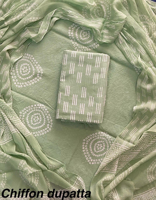 New Premium Hand Block Print Cotton Suit Set with Chiffon Dupatta(WACFCOTMU15)