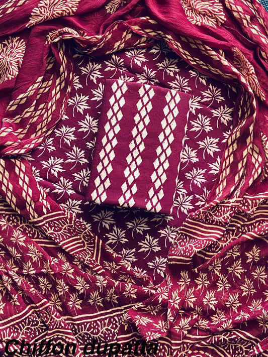 New Premium Hand Block Print Cotton Suit Set with Chiffon Dupatta(WACFCOTMU14)