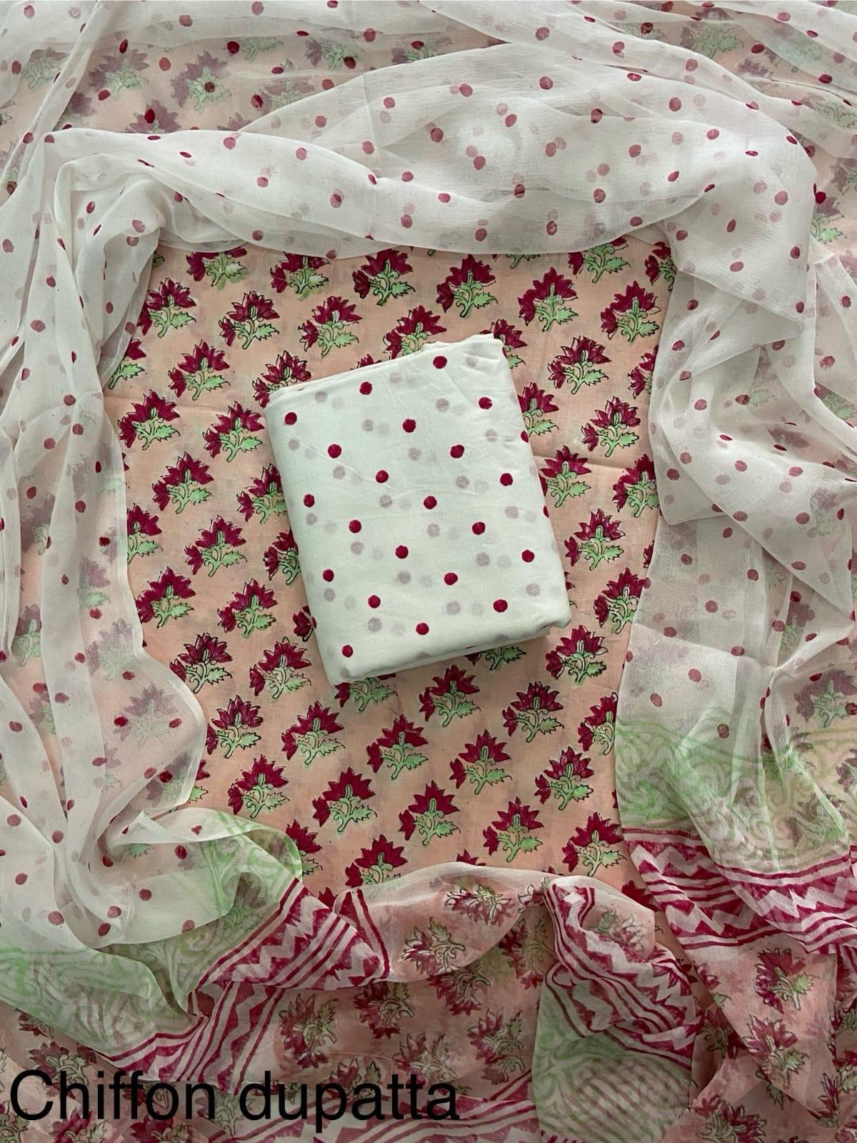 New Premium Hand Block Print Cotton Suit Set with Chiffon Dupatta(WACFCOTMU13)