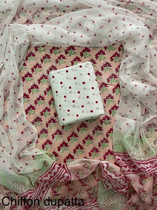 New Premium Hand Block Print Cotton Suit Set with Chiffon Dupatta(WACFCOTMU13)