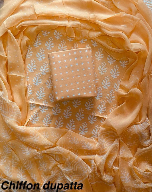 JAAL HAND BLOCK PRINT COTTON SUIT SET WITH CHIFFON DUPATTA(WACFCOTMU07)