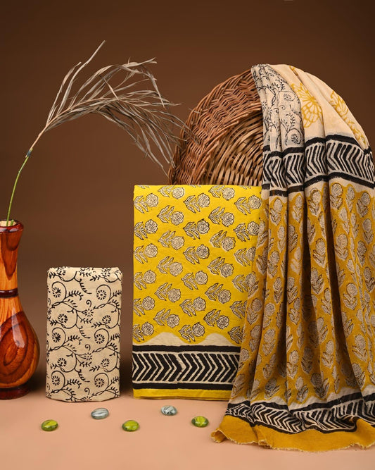 JAAL HAND BLOCK PRINT COTTON SUIT SET WITH CHIFFON DUPATTA(WACFCOTMU110)