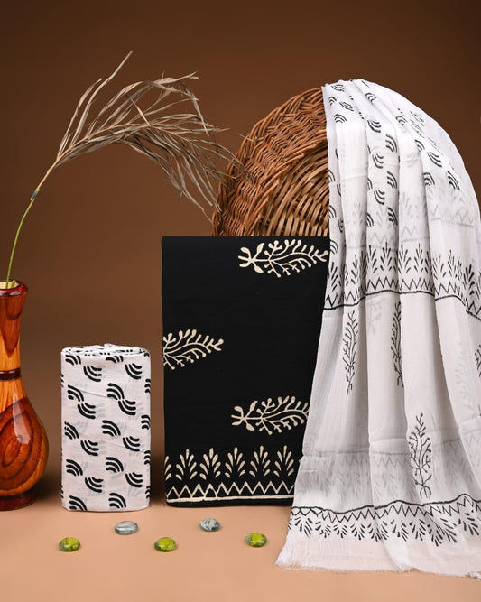JAAL HAND BLOCK PRINT COTTON SUIT SET WITH CHIFFON DUPATTA(WACFCOTMU109)