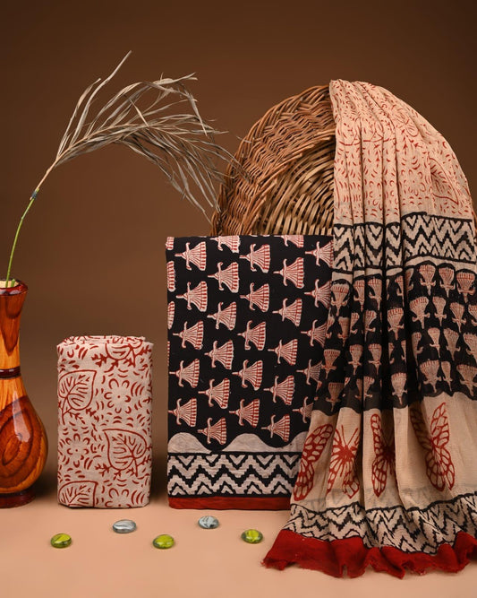 JAAL HAND BLOCK PRINT COTTON SUIT SET WITH CHIFFON DUPATTA(WACFCOTMU108)
