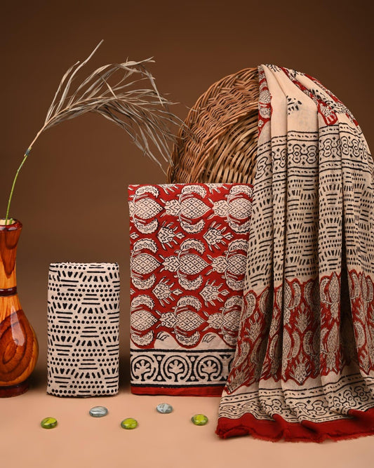 JAAL HAND BLOCK PRINT COTTON SUIT SET WITH CHIFFON DUPATTA(WACFCOTMU105)