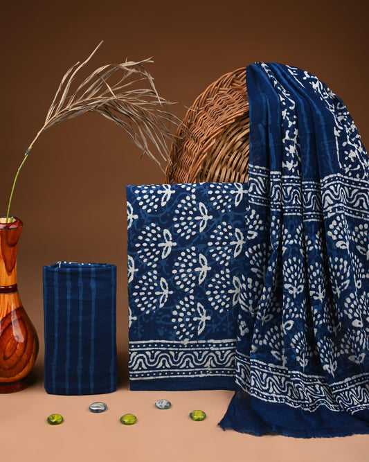 JAAL HAND BLOCK PRINT COTTON SUIT SET WITH CHIFFON DUPATTA(WACFCOTMU103)