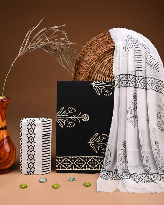 JAAL HAND BLOCK PRINT COTTON SUIT SET WITH CHIFFON DUPATTA(WACFCOTMU99)