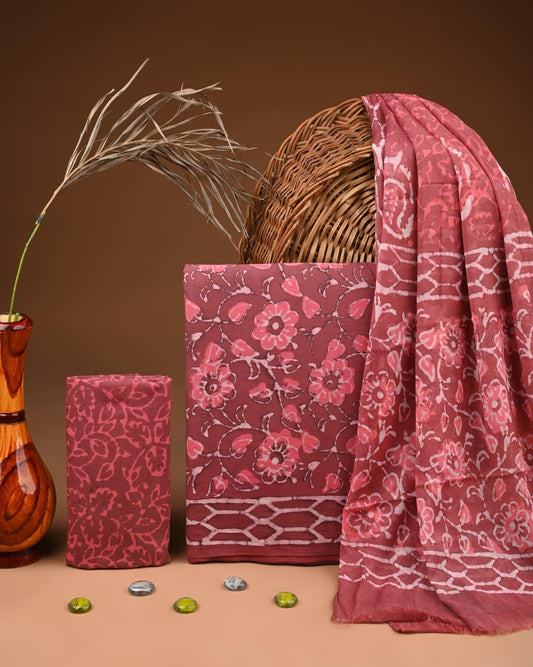 JAAL HAND BLOCK PRINT COTTON SUIT SET WITH CHIFFON DUPATTA(WACFCOTMU94)