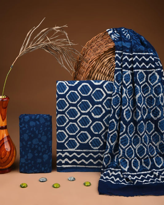 JAAL HAND BLOCK PRINT COTTON SUIT SET WITH CHIFFON DUPATTA(WACFCOTMU93)