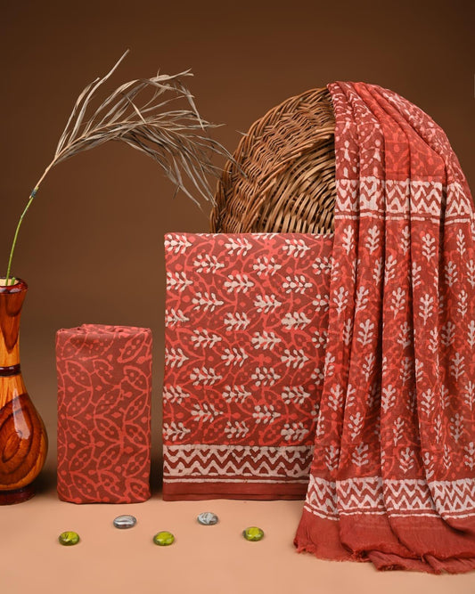 JAAL HAND BLOCK PRINT COTTON SUIT SET WITH CHIFFON DUPATTA(WACFCOTMU92)