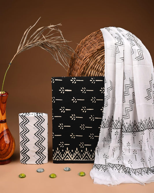 JAAL HAND BLOCK PRINT COTTON SUIT SET WITH CHIFFON DUPATTA(WACFCOTMU91)