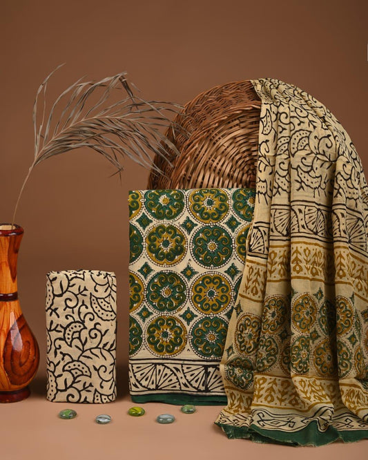 JAAL HAND BLOCK PRINT COTTON SUIT SET WITH CHIFFON DUPATTA(WACFCOTMU88)