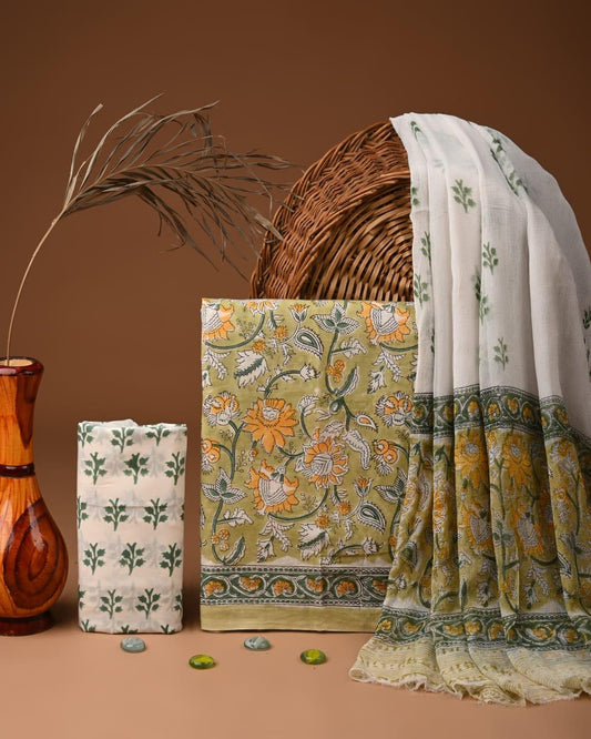 Exclusive Hand Block Print Cotton Suit Set with Chiffon Dupatta(WACFCOTMU75)