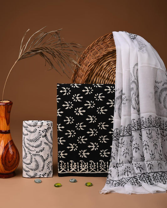Premium Hand Block Print Cotton Suit Set with Chiffon Dupatta(WACFCOTMU73)