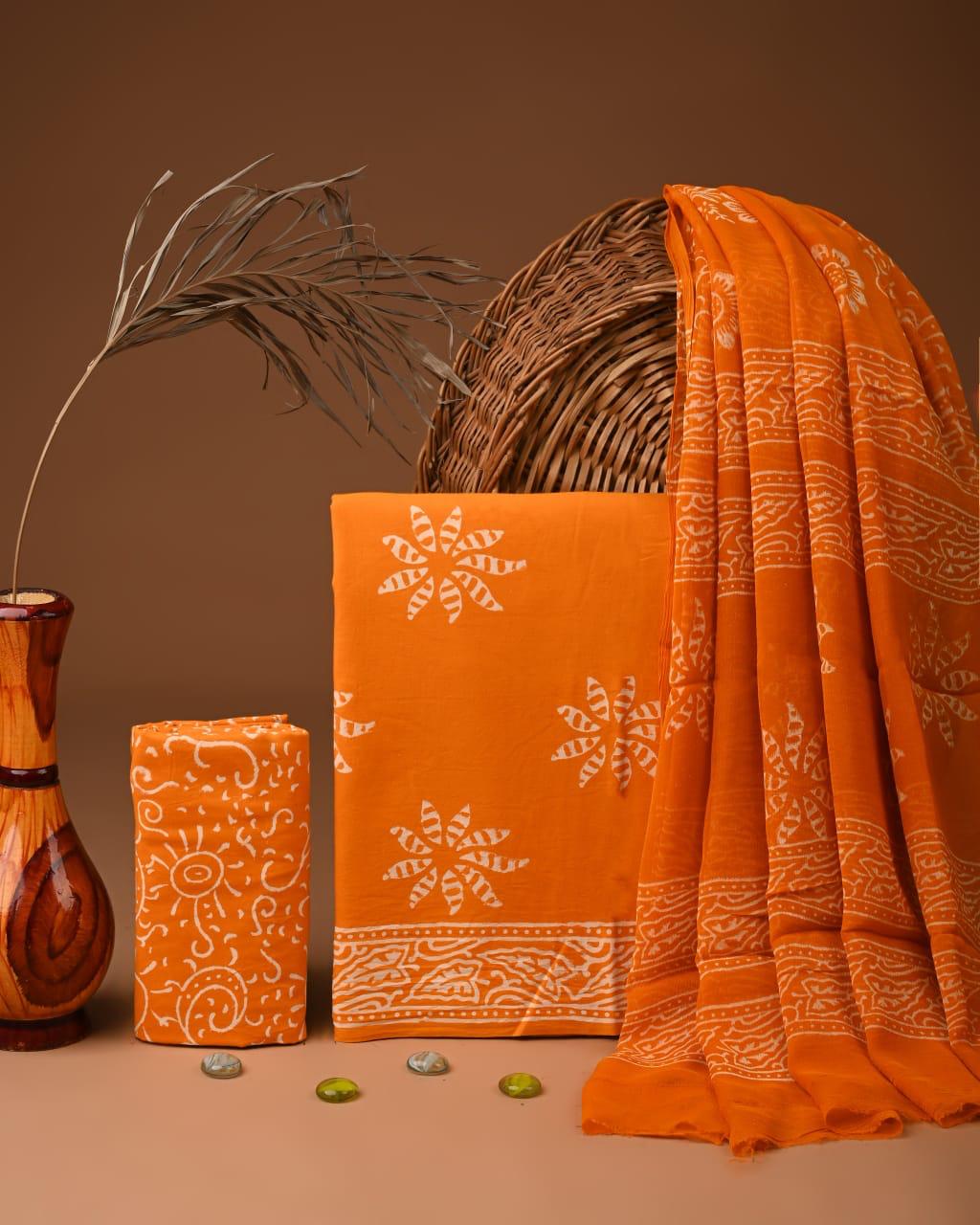 JAAL HAND BLOCK PRINT COTTON SUIT SET WITH CHIFFON DUPATTA(WACFCOTMU120)