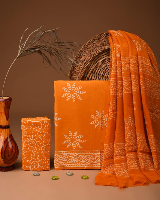 JAAL HAND BLOCK PRINT COTTON SUIT SET WITH CHIFFON DUPATTA(WACFCOTMU120)