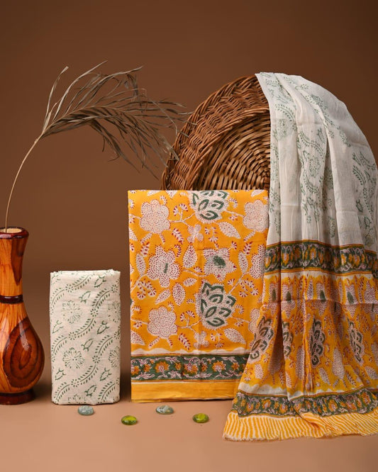 JAAL HAND BLOCK PRINT COTTON SUIT SET WITH CHIFFON DUPATTA(WACFCOTMU114)