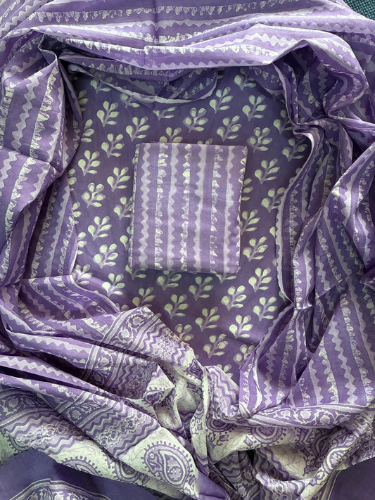 Designer Hand Block Print Cotton Suit Set with Mulmul Dupatta(WACOTMU118)
