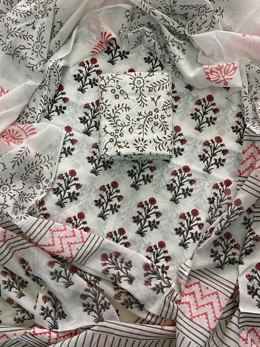 Designer Hand Block Print Cotton Suit Set with Mulmul Dupatta(WACOTMU117)