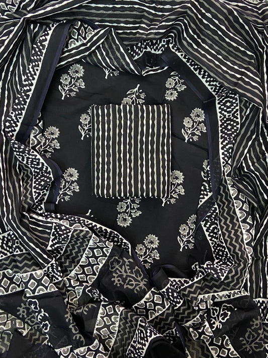 Designer Hand Block Print Cotton Suit Set with Mulmul Dupatta(WACOTMU115)