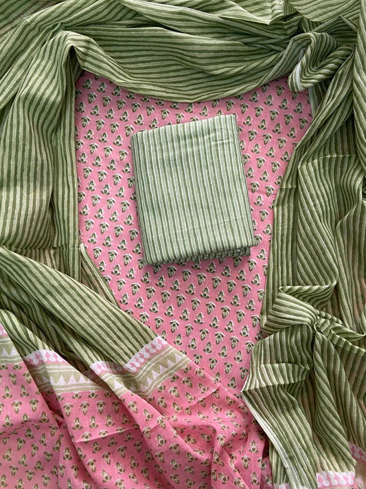Designer Hand Block Print Cotton Suit Set with Mulmul Dupatta(WACOTMU113)