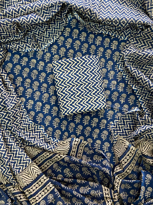 Designer Hand Block Print Cotton Suit Set with Mulmul Dupatta(WACOTMU111)