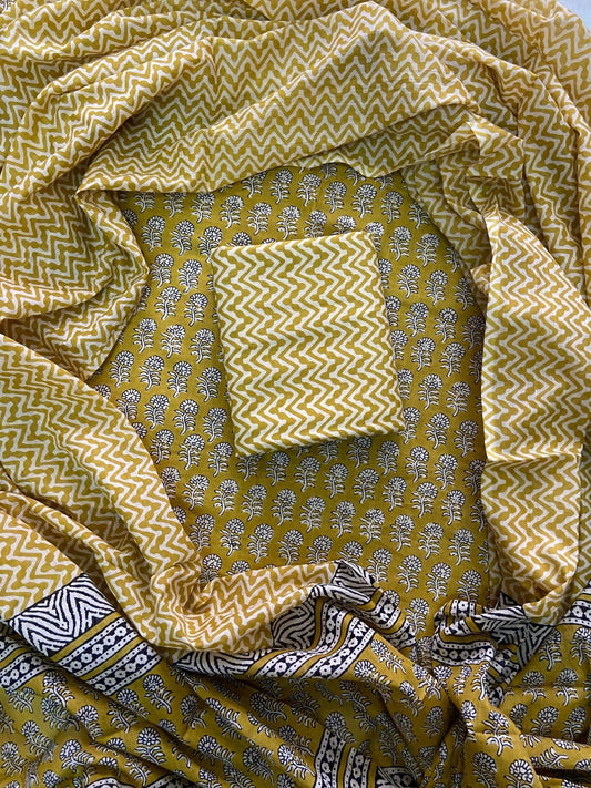 Designer Hand Block Print Cotton Suit Set with Mulmul Dupatta(WACOTMU110)