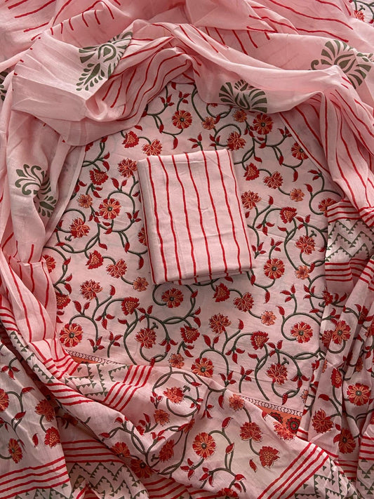 Designer Hand Block Print Cotton Suit Set with Mulmul Dupatta(WACOTMU108)
