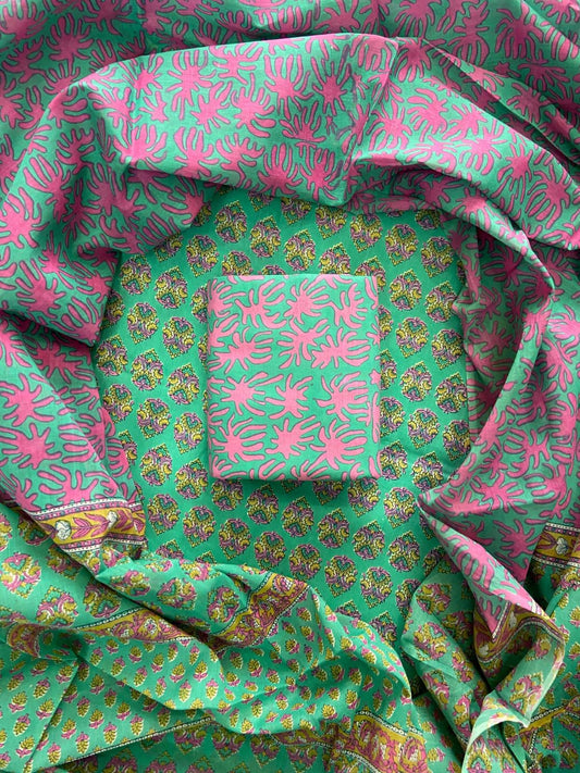 Premium Hand Block Print Cotton Suit Set with Mulmul Dupatta(WACOTMU80)