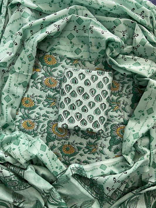 ELEGANT HAND BLOCK PRINT COTTON SUIT SET WITH MULMUL DUPATTA(WACOTMU57)