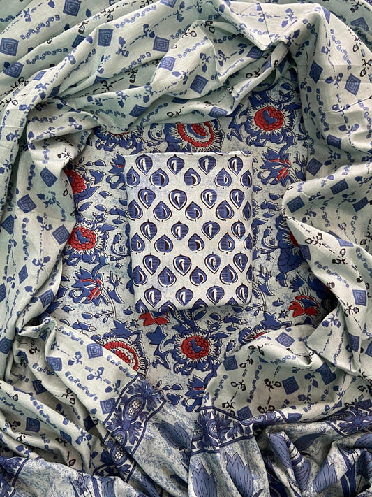ELEGANT HAND BLOCK PRINT COTTON SUIT SET WITH MULMUL DUPATTA(WACOTMU55)