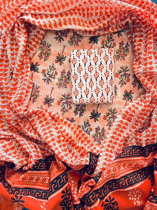 ELEGANT HAND BLOCK PRINT COTTON SUIT SET WITH MULMUL DUPATTA(WACOTMU44)