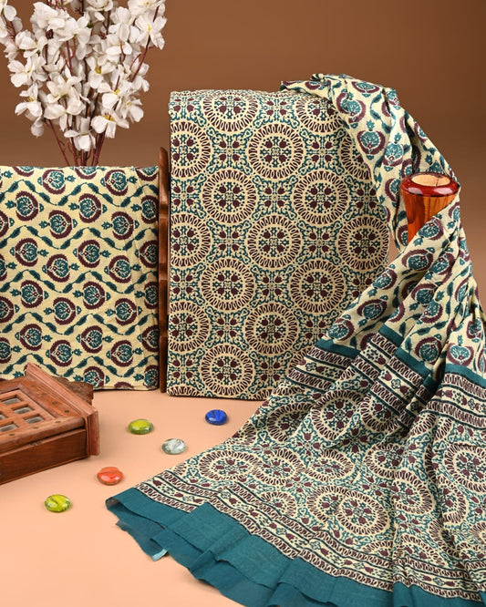 ELEGANT HAND BLOCK PRINT COTTON SUIT SET WITH MULMUL DUPATTA(WACOTMU39)