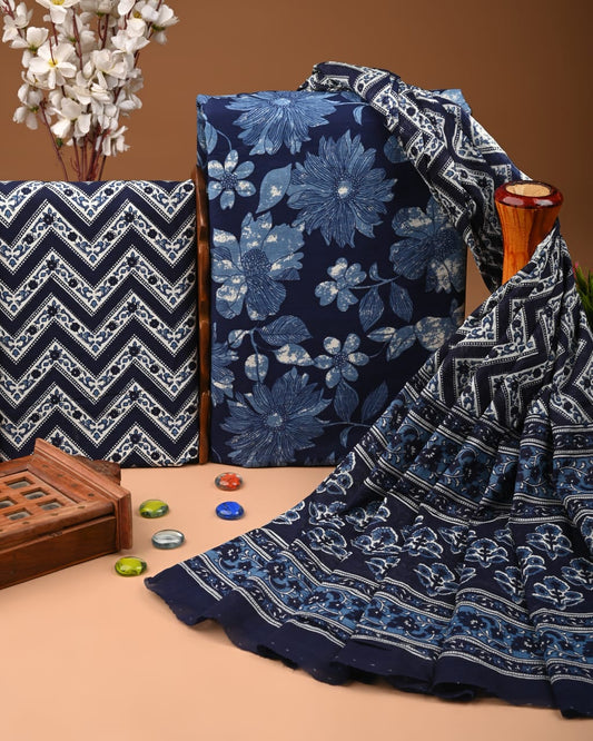 ELEGANT HAND BLOCK PRINT COTTON SUIT SET WITH MULMUL DUPATTA(WACOTMU16)