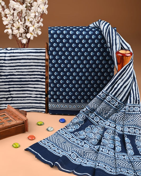 ELEGANT HAND BLOCK PRINT COTTON SUIT SET WITH MULMUL DUPATTA(WACOTMU11)