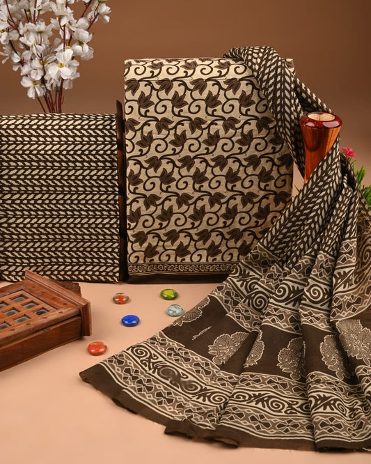 ELEGANT HAND BLOCK PRINT COTTON SUIT SET WITH MULMUL DUPATTA(WACOTMU10)